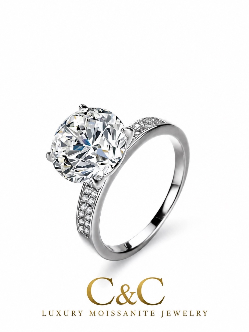 C.C Silver-Tone Solitaire Moissanite Ring with Pave Accents - White
